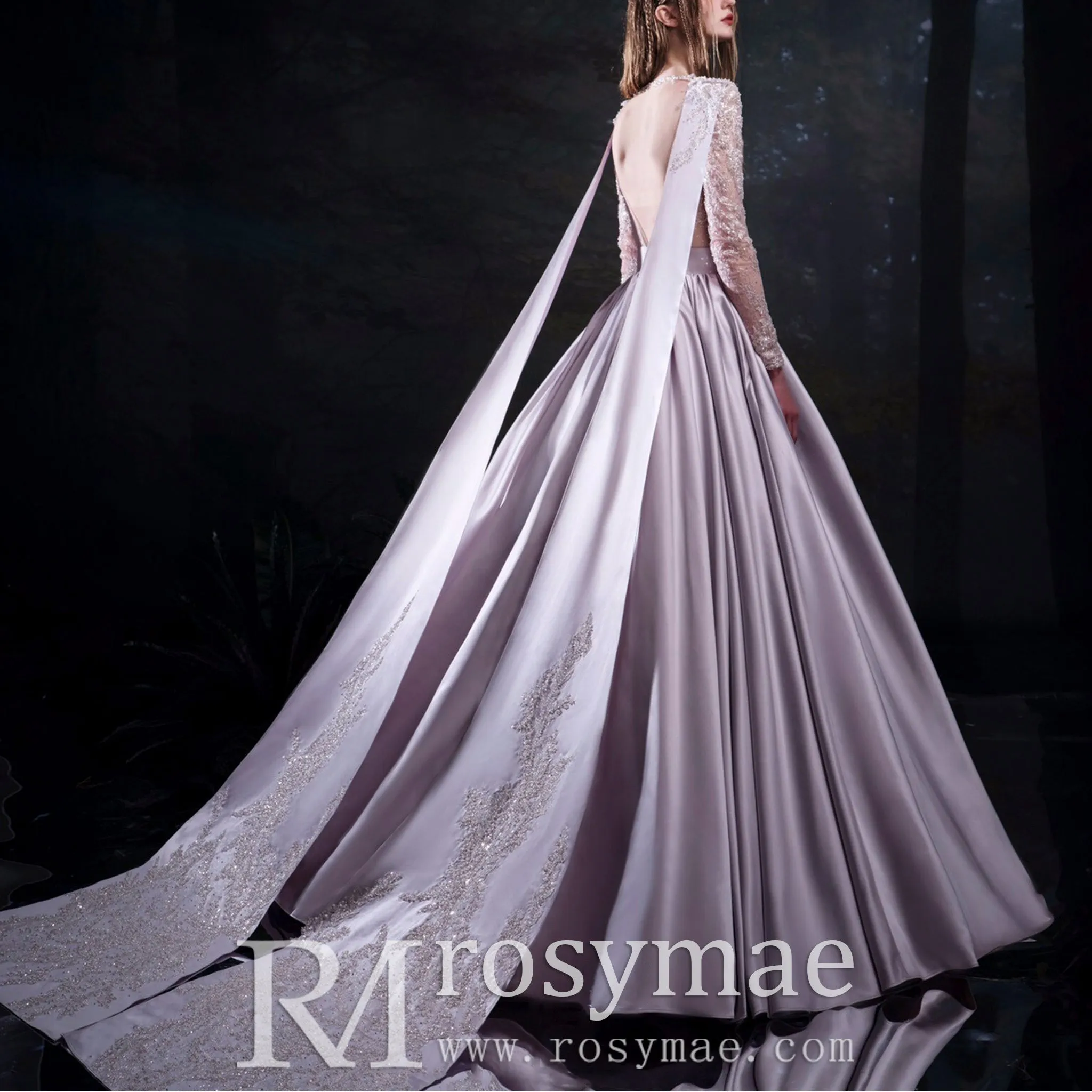 Sheer Purple Long Sleeve Sparkly Evening Dress Formal Party Gown
