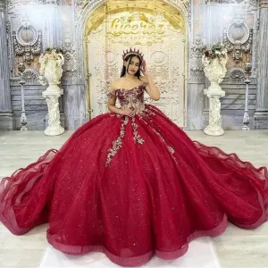Shiny Burgundy Quinceanera Dresses Beading Lace Vestidos De 15 Anos Off-Shoulder Formal Birthday Party Corset