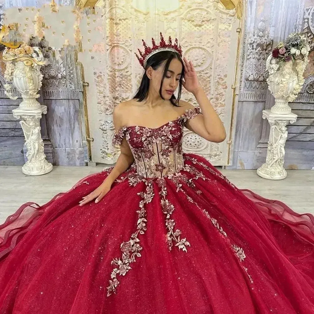 Shiny Burgundy Quinceanera Dresses Beading Lace Vestidos De 15 Anos Off-Shoulder Formal Birthday Party Corset