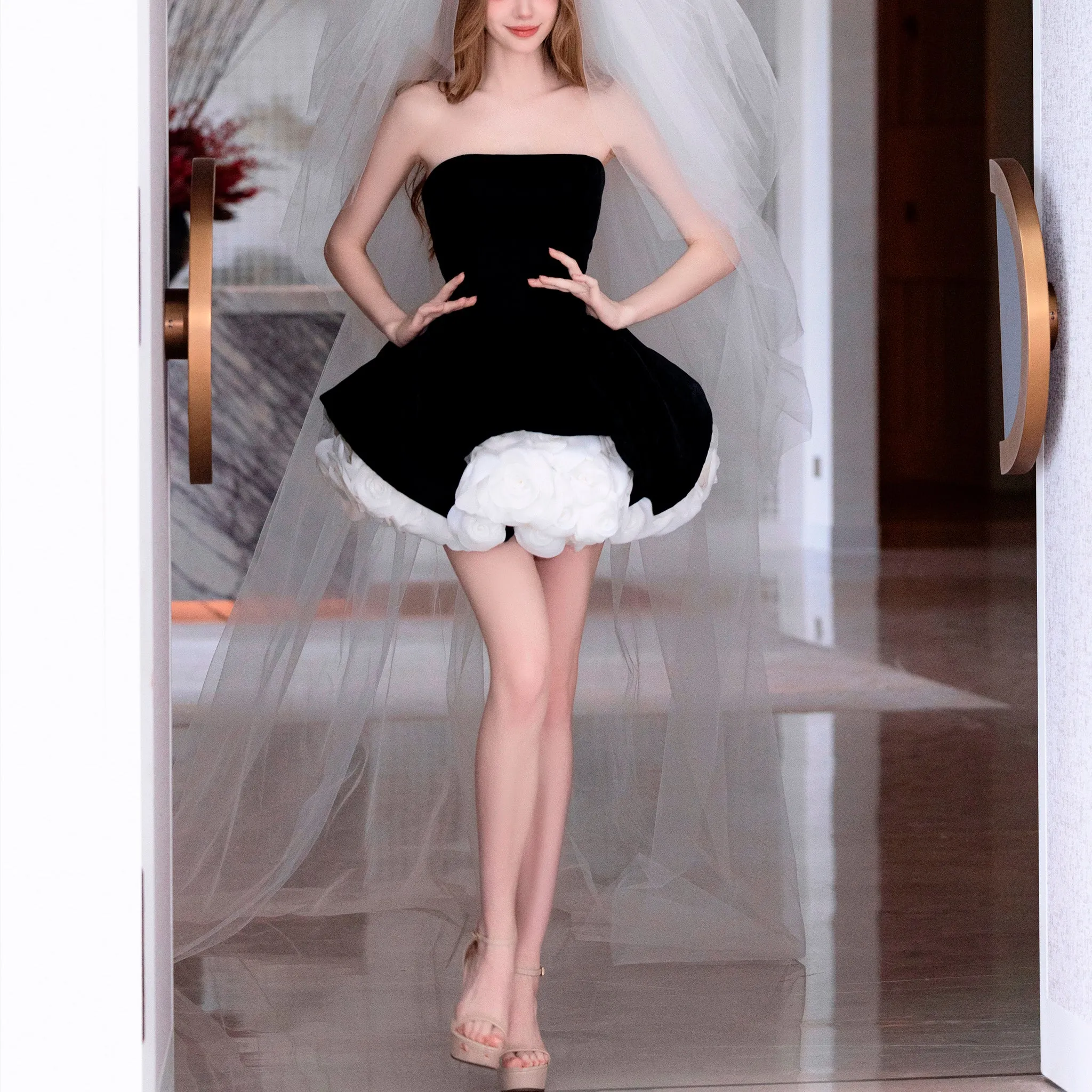 Short Little Velvet Wedding Dress with Handmae Rose Flower