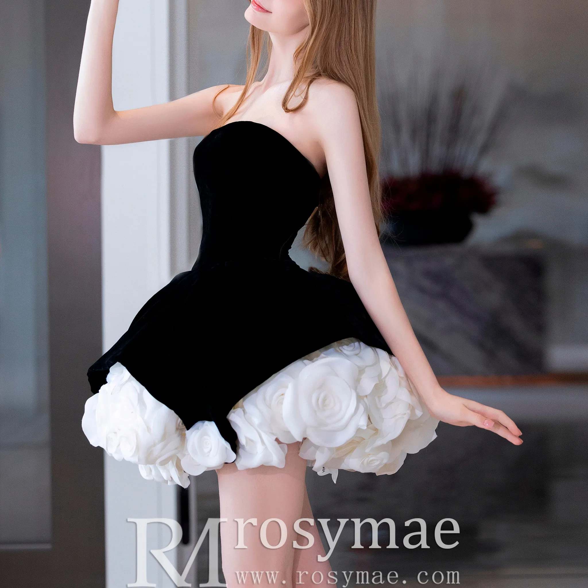 Short Little Velvet Wedding Dress with Handmae Rose Flower