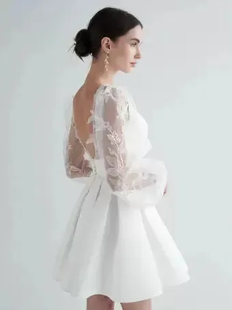 Short Wedding Dress V Neck Long Sleeves A-Line Short wedding dresses Bow Satin Court Train Sleeves White Modern Bridal Vestido De Novia Princess Gown Satin Mermaid