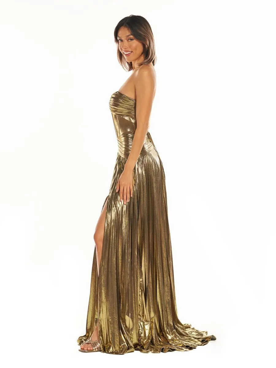 Sileas | Sweetheart Metallic Pleated Long Formal Dress With Slit