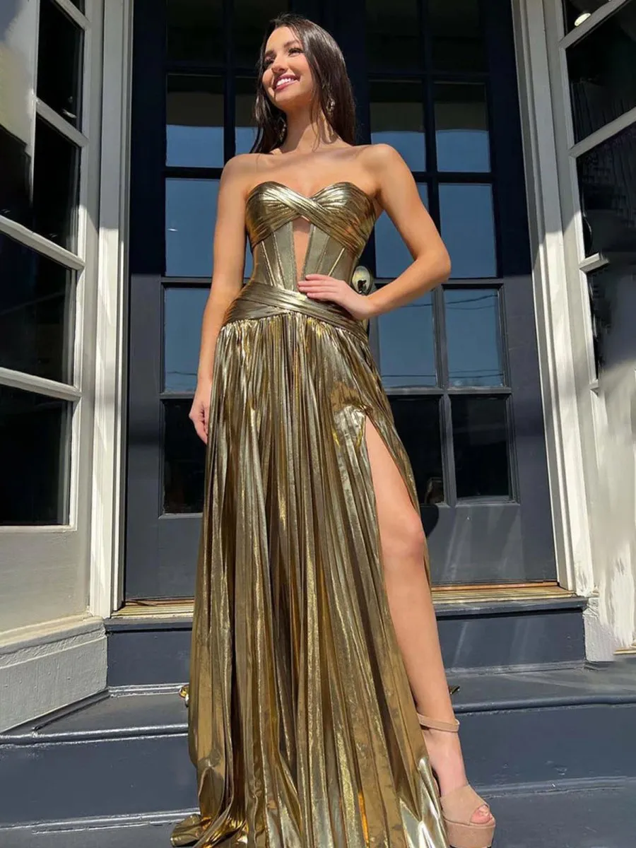 Sileas | Sweetheart Metallic Pleated Long Formal Dress With Slit