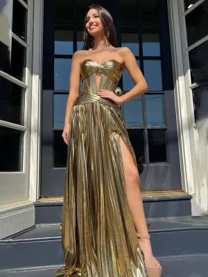 Sileas | Sweetheart Metallic Pleated Long Formal Dress With Slit