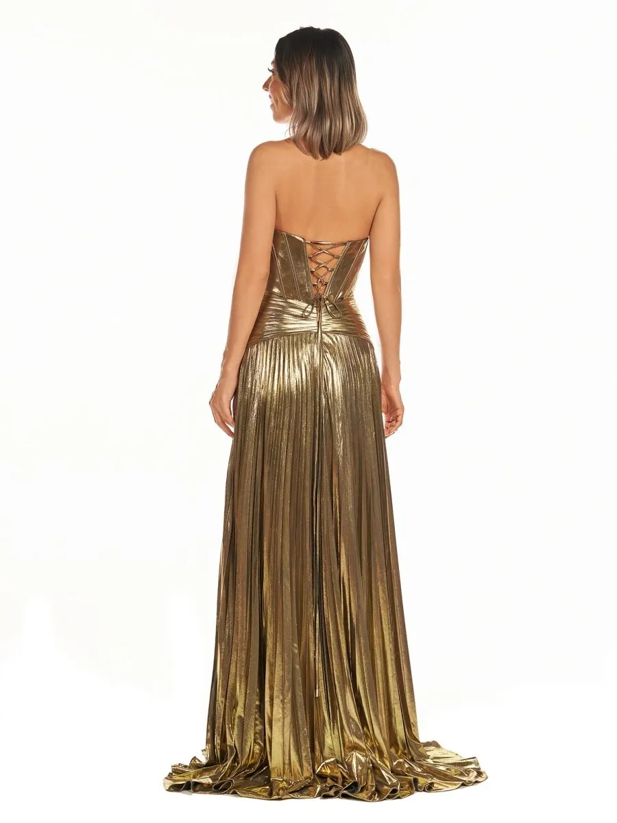 Sileas | Sweetheart Metallic Pleated Long Formal Dress With Slit