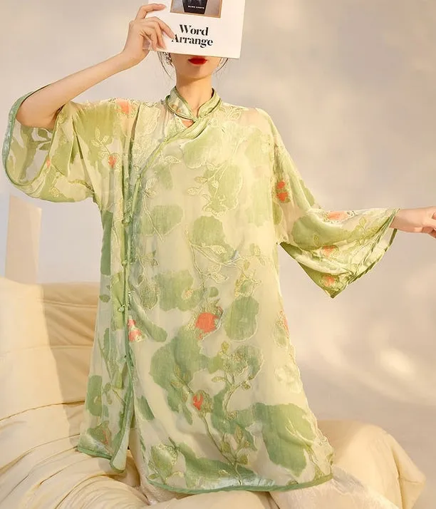 Silk Averi Sweet Mind Embroidery Qipao Cheongsam Top - Green