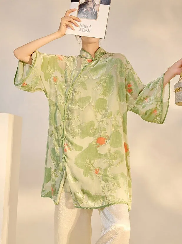 Silk Averi Sweet Mind Embroidery Qipao Cheongsam Top - Green