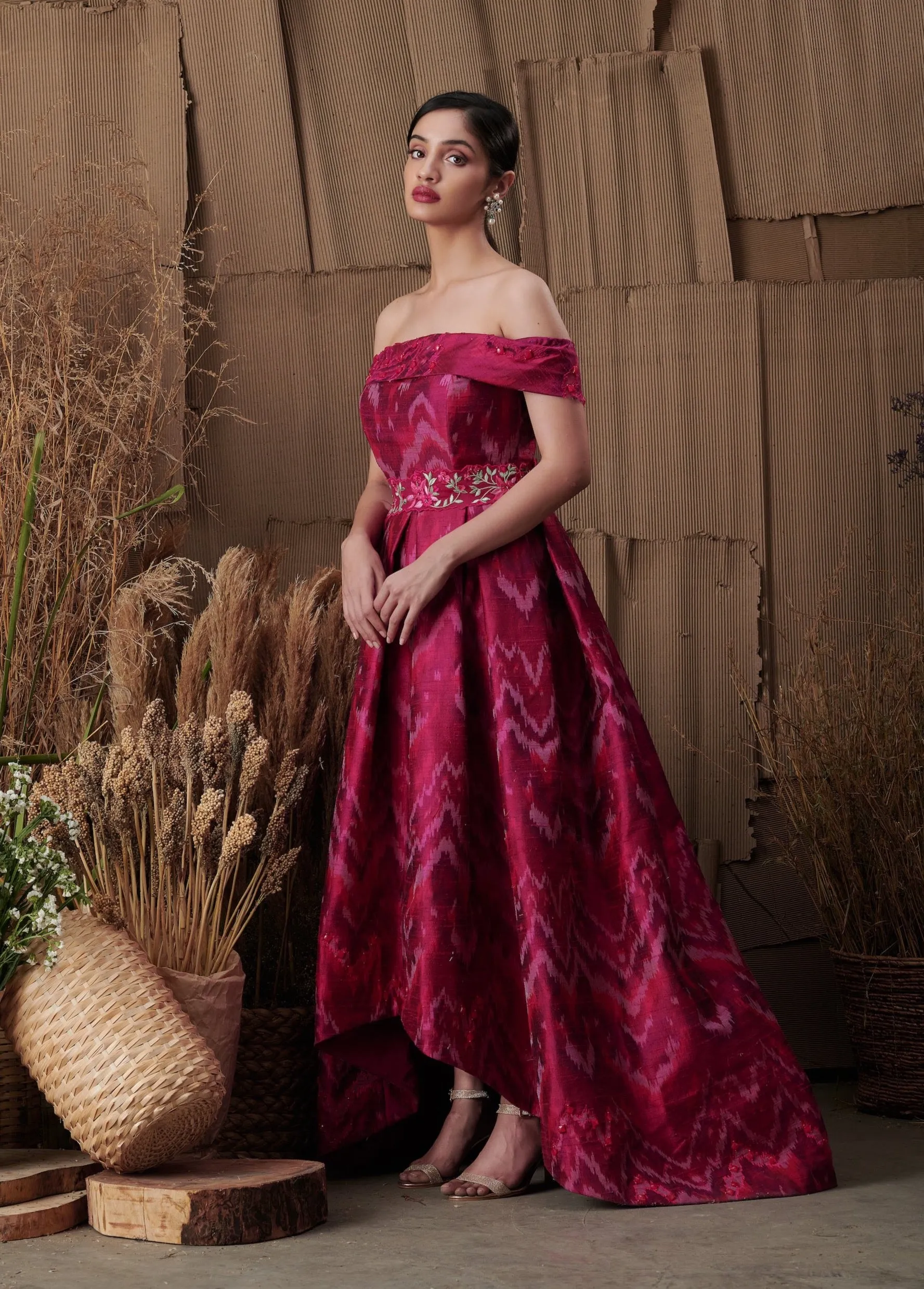 Silk Ikat Embroidered Off-shoulder Dress