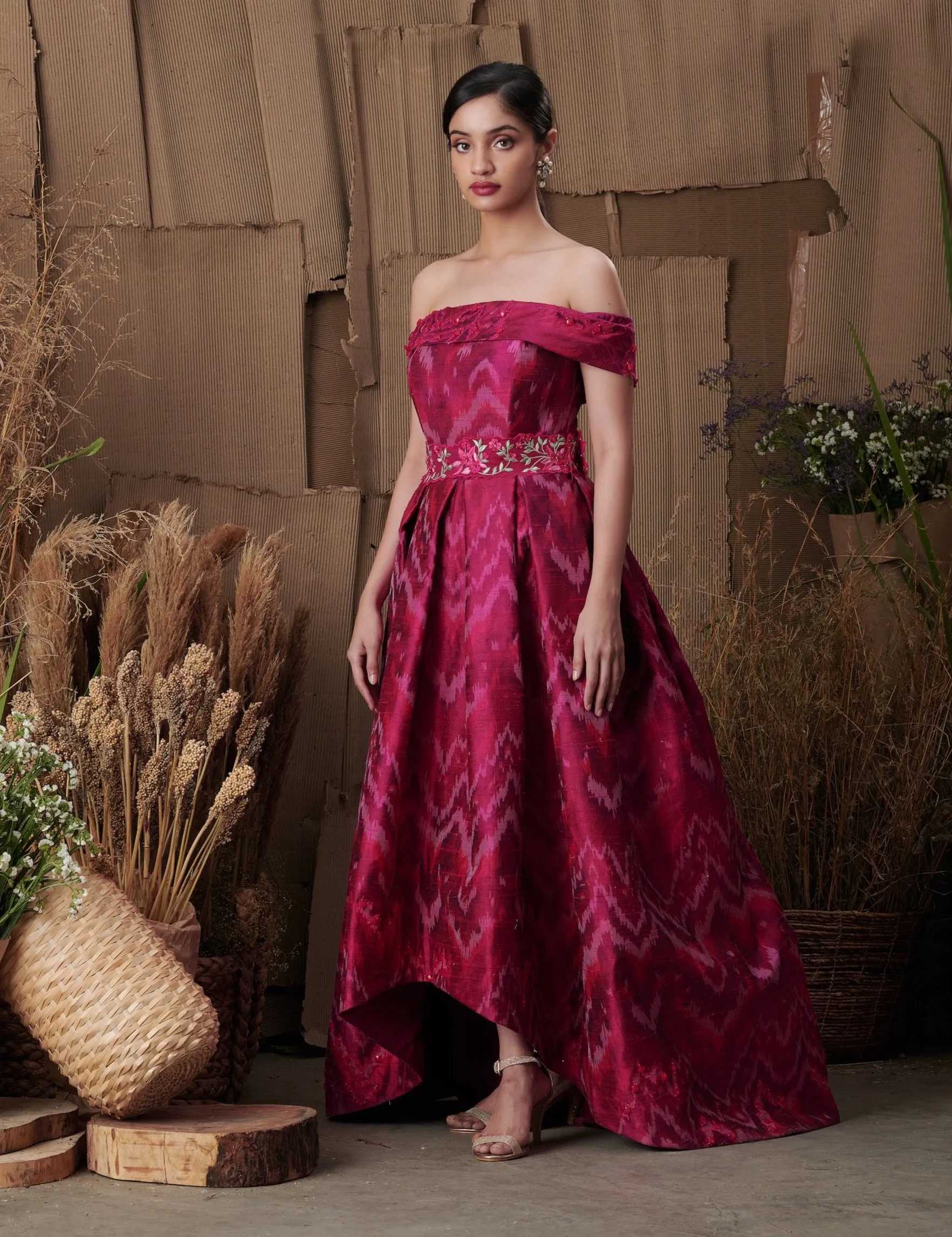 Silk Ikat Embroidered Off-shoulder Dress