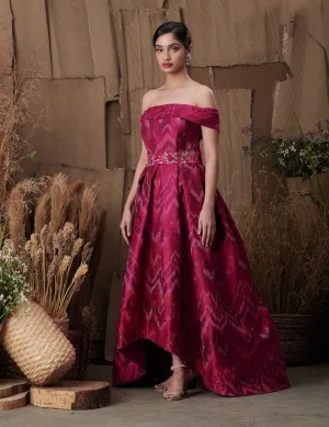 Silk Ikat Embroidered Off-shoulder Dress