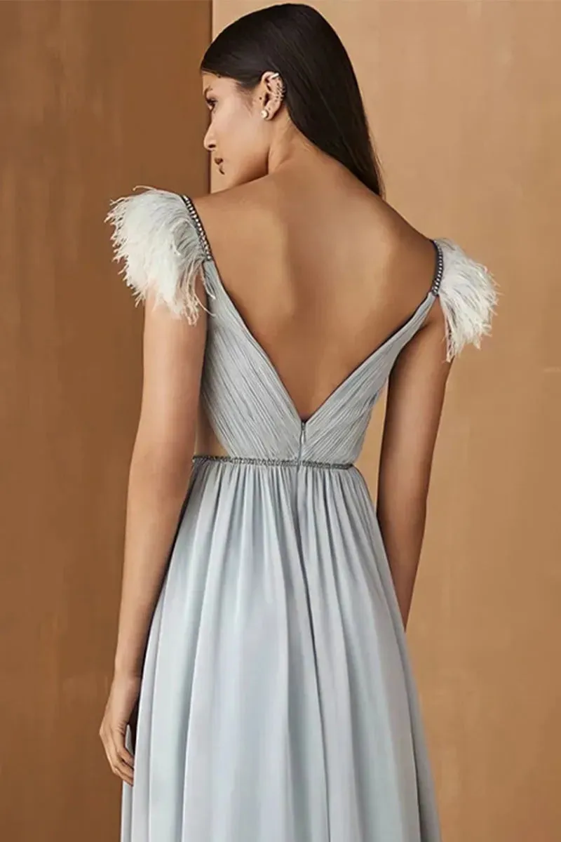 Silver Chiffon Long Prom Dresses Beaded Crystal Pleats Evening Party Gowns Slit Feathers Women's Formal Prom Gown
