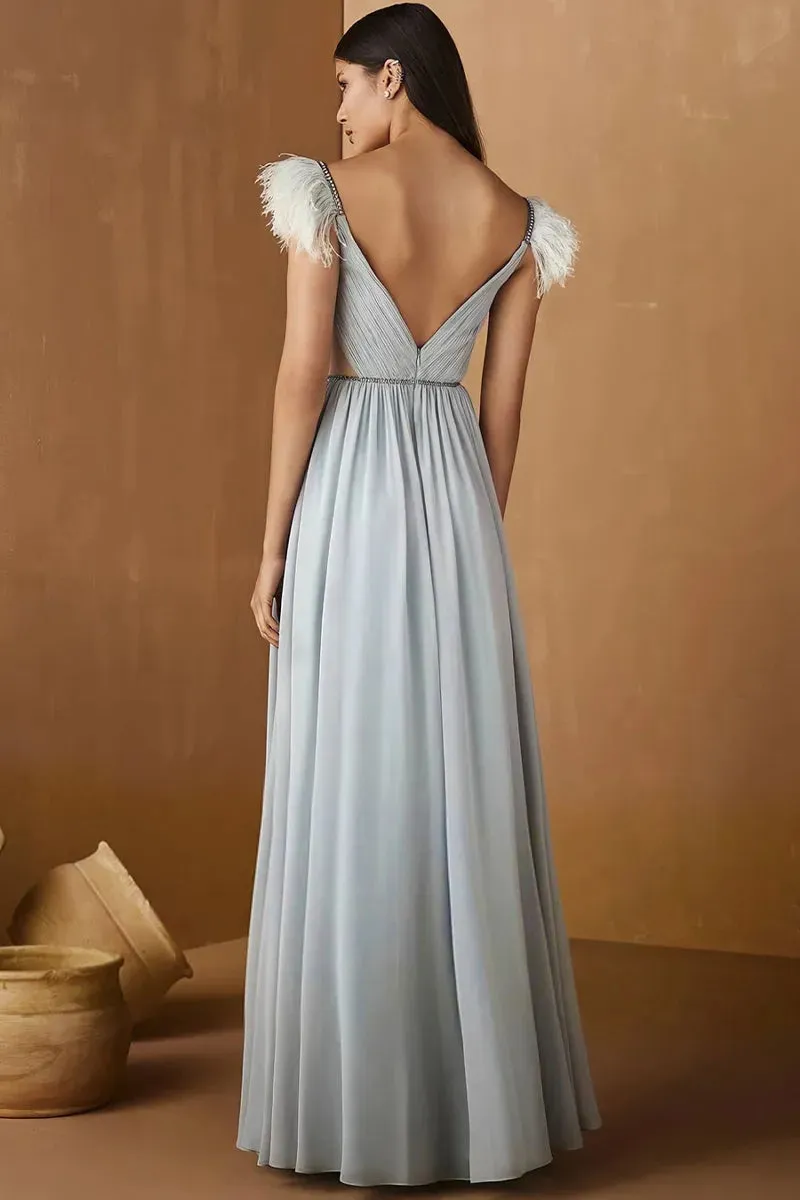 Silver Chiffon Long Prom Dresses Beaded Crystal Pleats Evening Party Gowns Slit Feathers Women's Formal Prom Gown