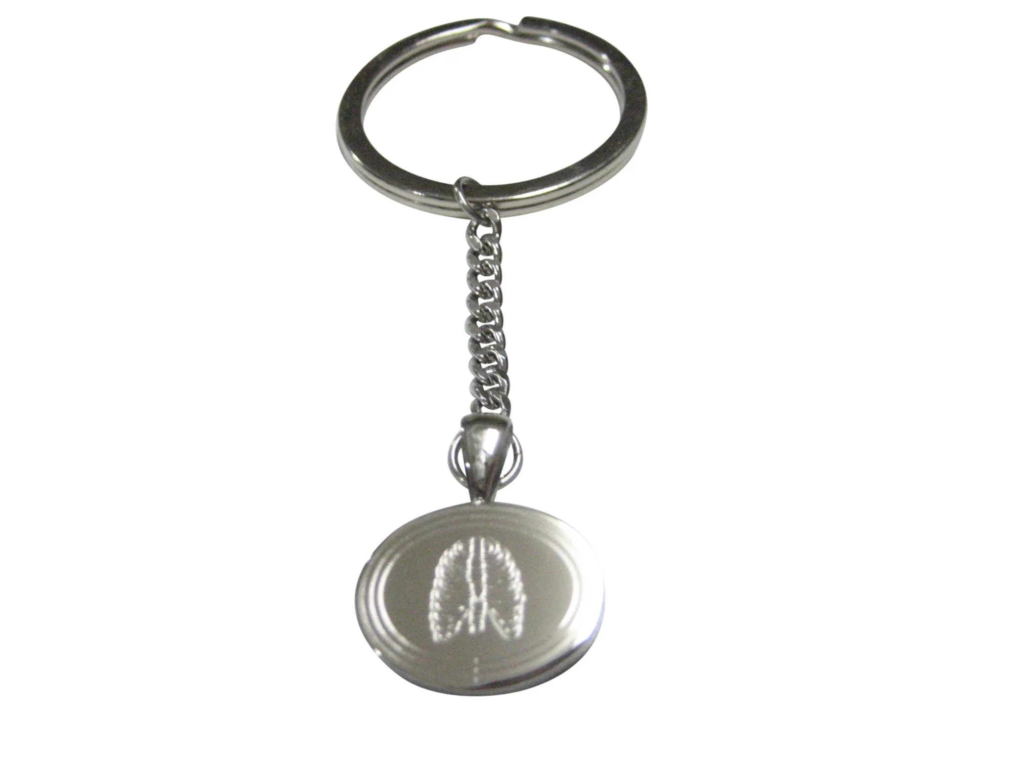 Silver Toned Oval Etched Anatomical Rib Cage Pendant Keychain