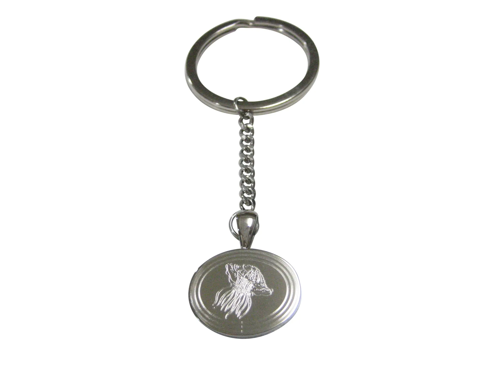 Silver Toned Oval Etched Jellyfish Pendant Keychain