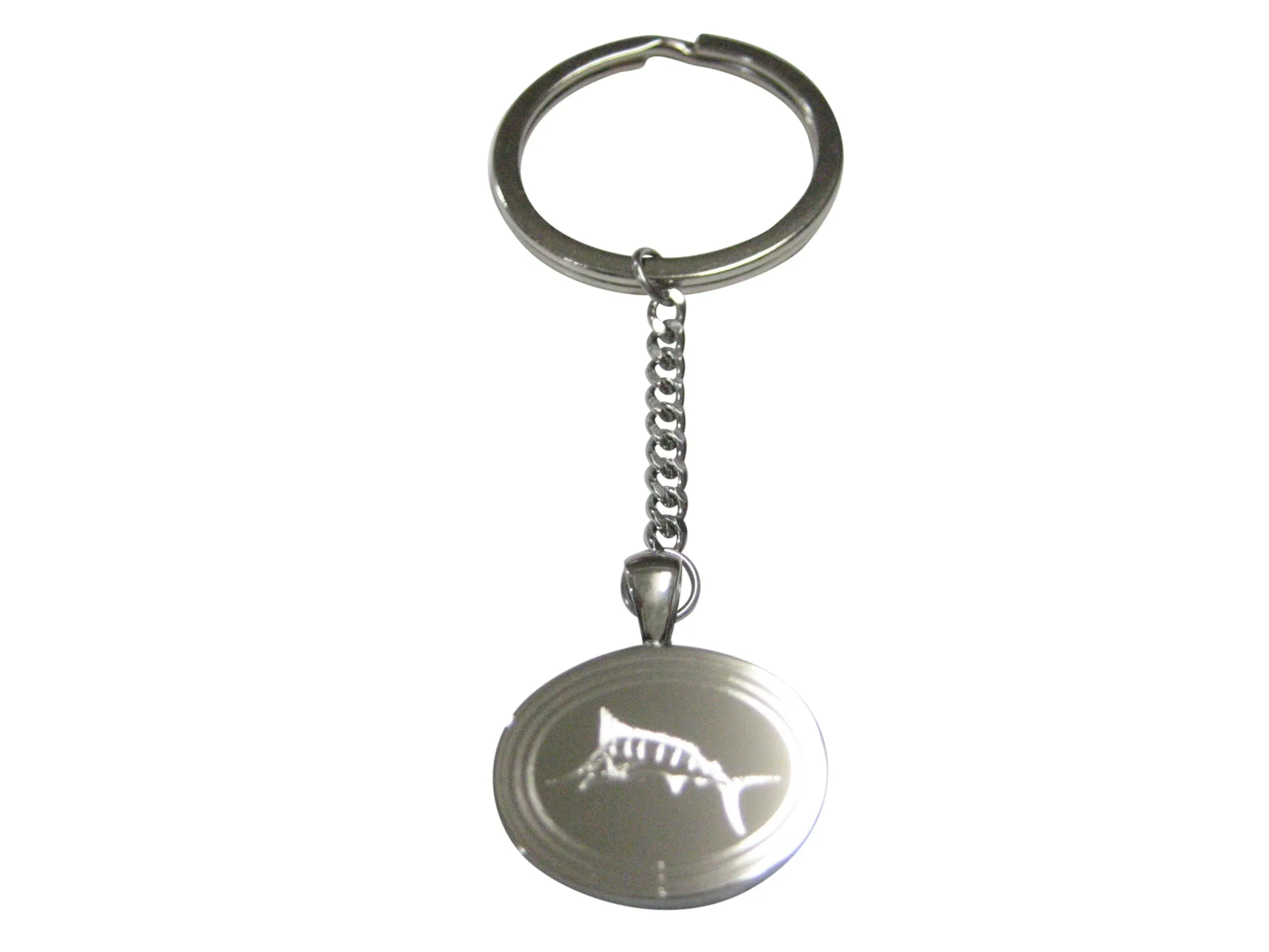 Silver Toned Oval Etched Sailfish Marlin Fish Pendant Keychain