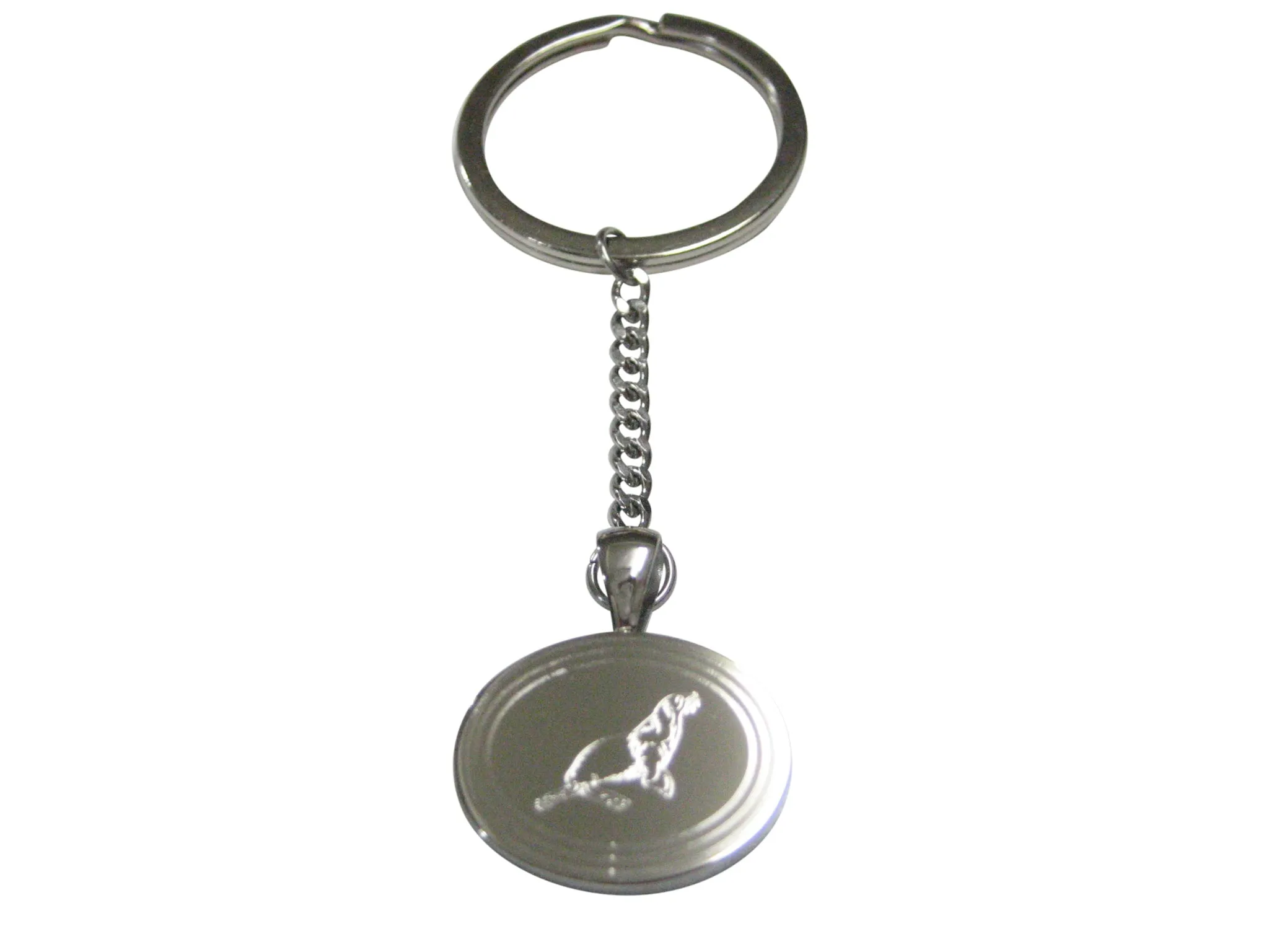 Silver Toned Oval Etched Sea Lion Pendant Keychain