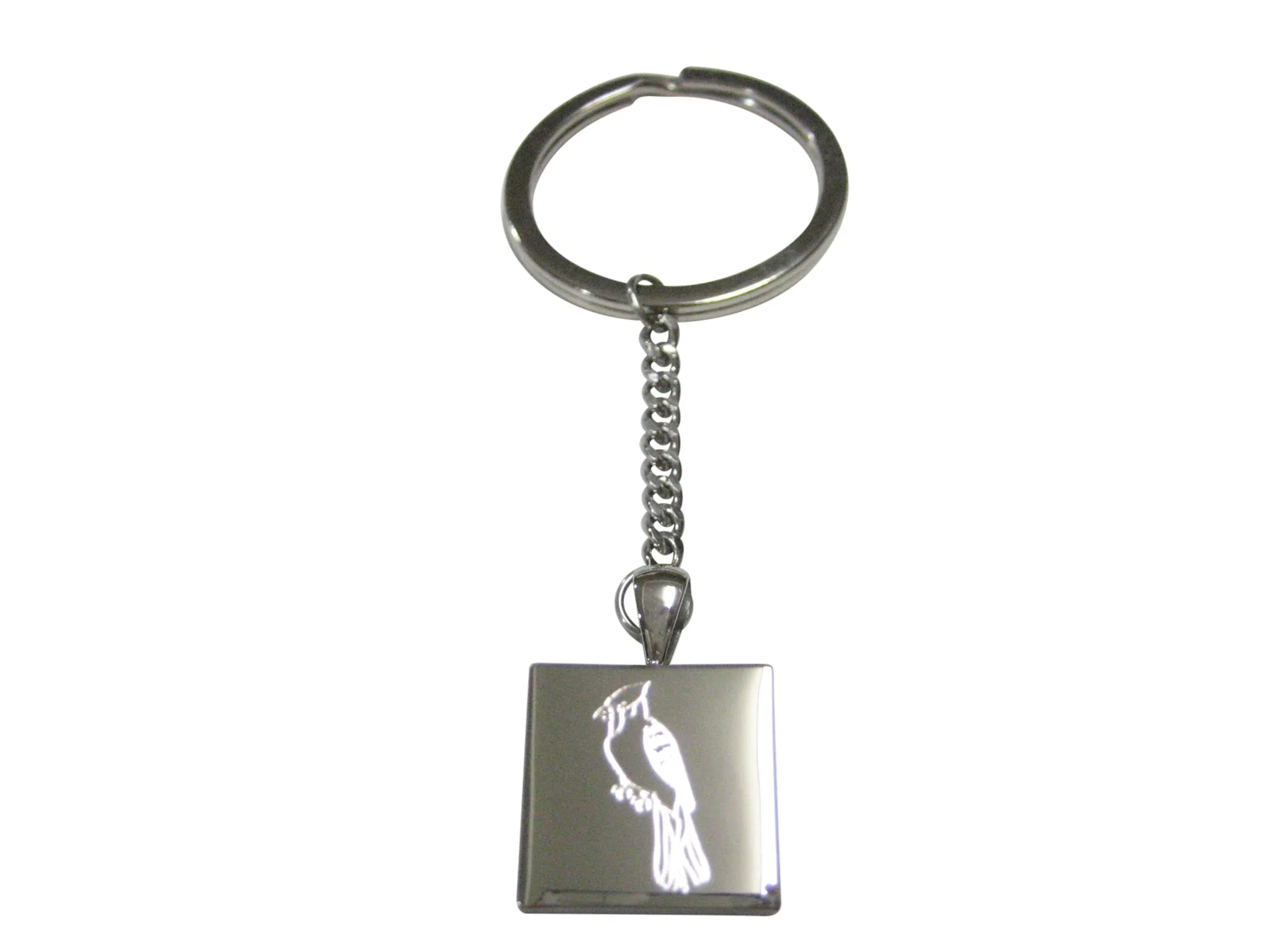 Silver Toned Square Etched Blue Jay Bird Pendant Keychain