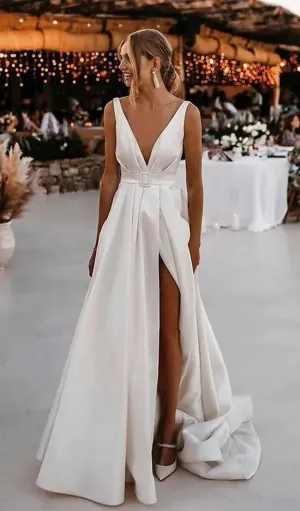 Simple Designed A Line Satin Wedding Dresses Sexy Backless Deep V Neck Split Long Beach Garden Bridal Gowns Robes de mariage