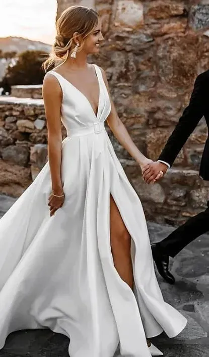 Simple Designed A Line Satin Wedding Dresses Sexy Backless Deep V Neck Split Long Beach Garden Bridal Gowns Robes de mariage
