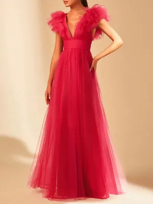 Simple Ruffles Tulle Prom Dresses Cap Sleeves V-neck Formal Prom Party Gowns Backless Long Women's Evening Dress