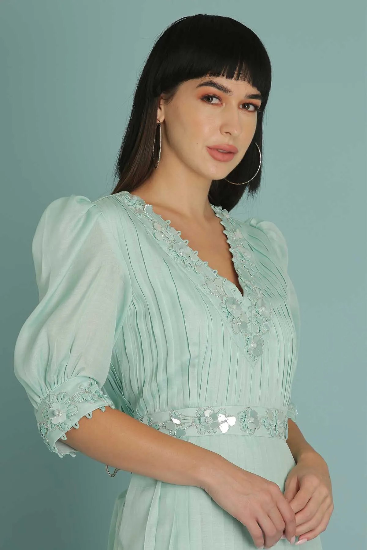 Sky Blue Floral A-Line Dress
