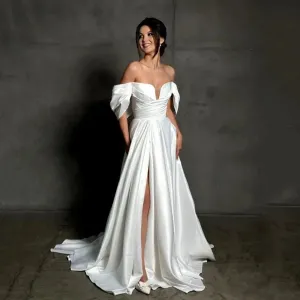 Soft Satin A Line Wedding Dresses Side Slit Simple Off The Shoulder Pleat Custom Made Formal Bridal Gown Rode De Morrie