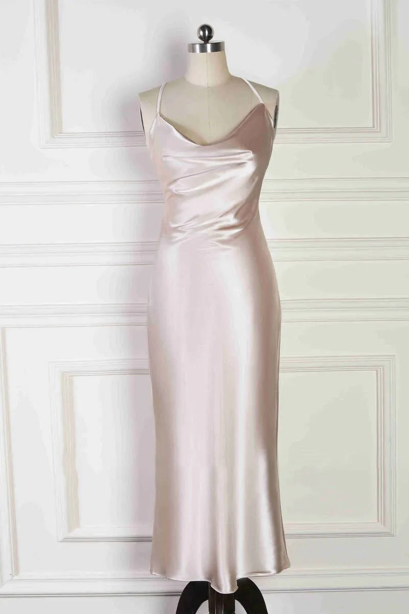 Spaghetti Straps Cowl Neck Tea-Length Sheath Bridesmaid Dresses