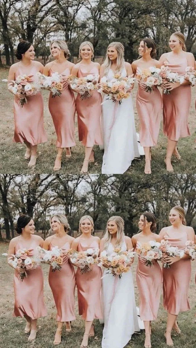 Spaghetti Straps Cowl Neck Tea-Length Sheath Bridesmaid Dresses