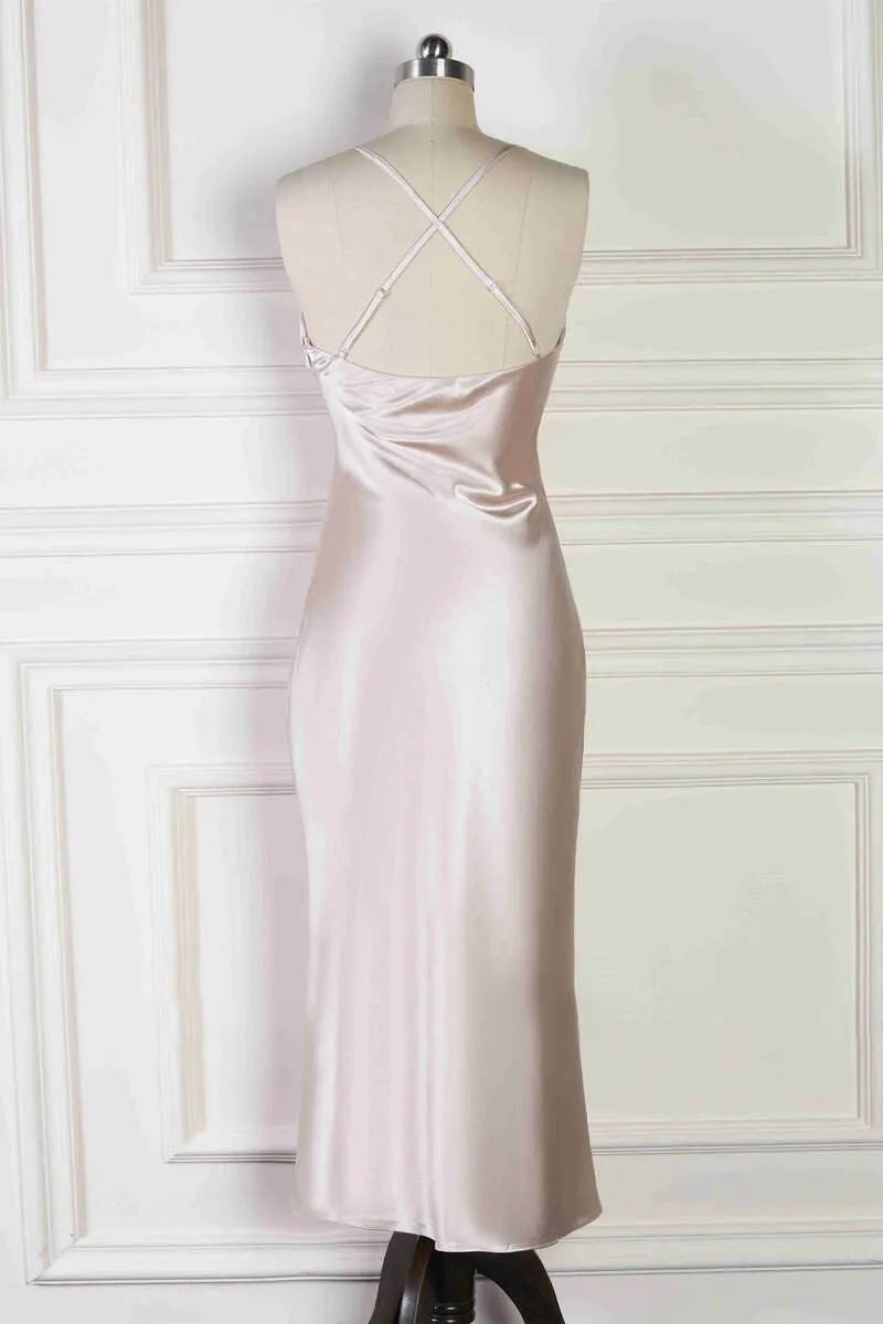 Spaghetti Straps Cowl Neck Tea-Length Sheath Bridesmaid Dresses