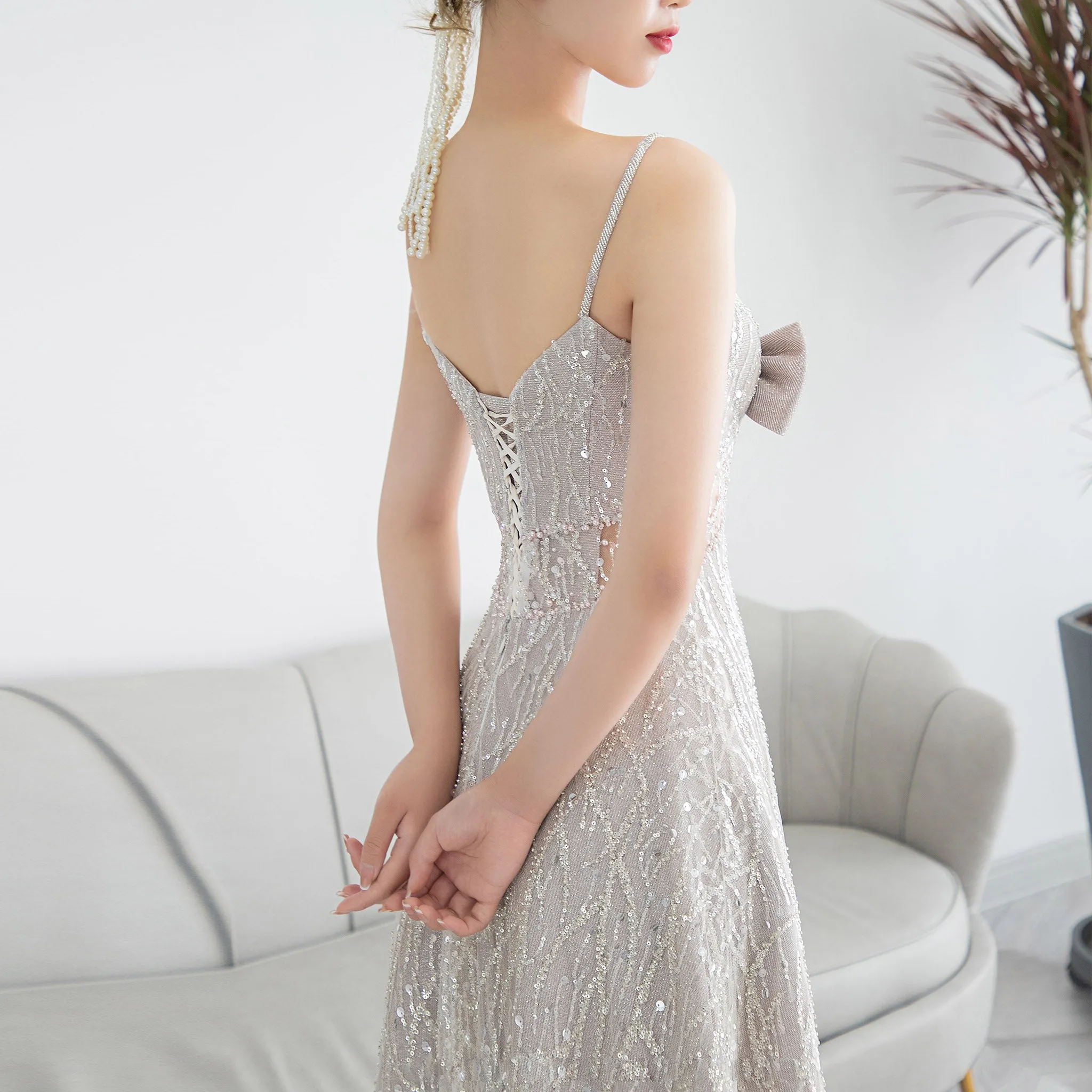 Spaghetti Straps Gray Formal Dress Prom Evening Party Gown