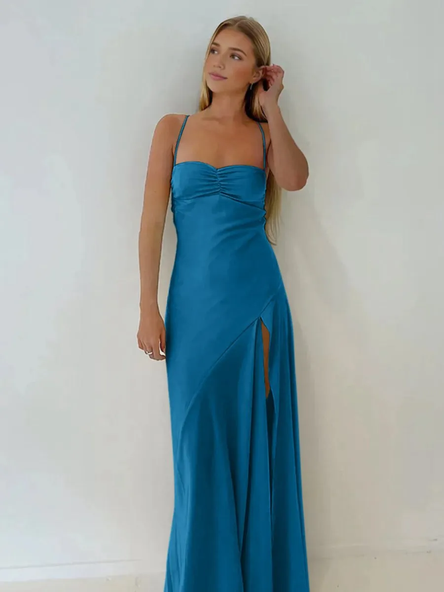 Spaghetti Straps Sheath Long Prom Dresses with Split