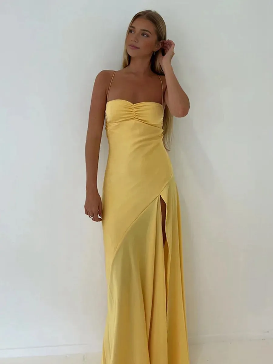 Spaghetti Straps Sheath Long Prom Dresses with Split