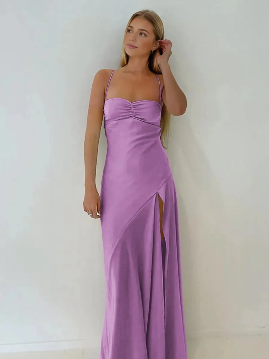 Spaghetti Straps Sheath Long Prom Dresses with Split