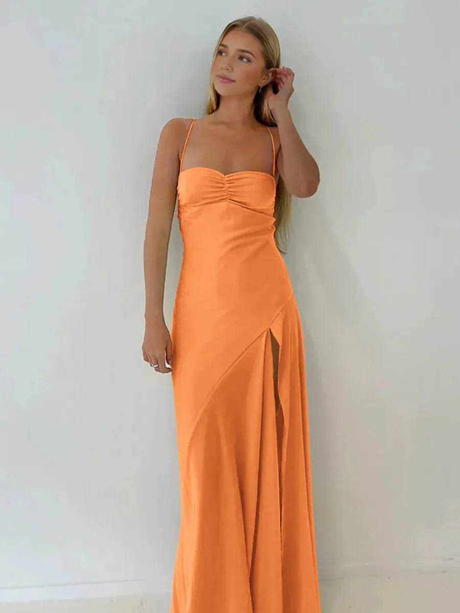 Spaghetti Straps Sheath Long Prom Dresses with Split