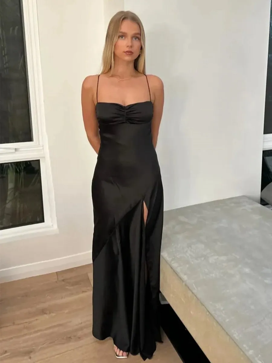 Spaghetti Straps Sheath Long Prom Dresses with Split