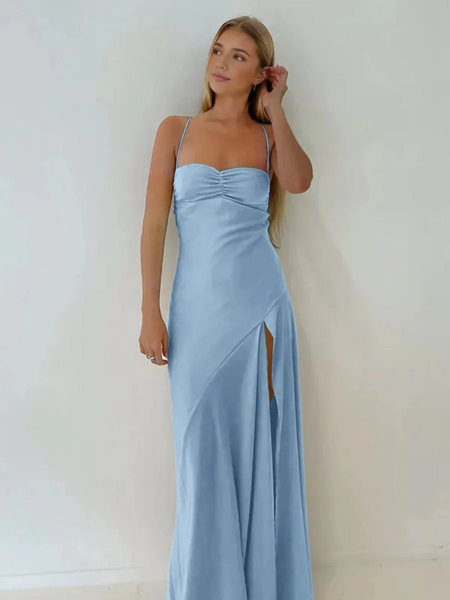 Spaghetti Straps Sheath Long Prom Dresses with Split