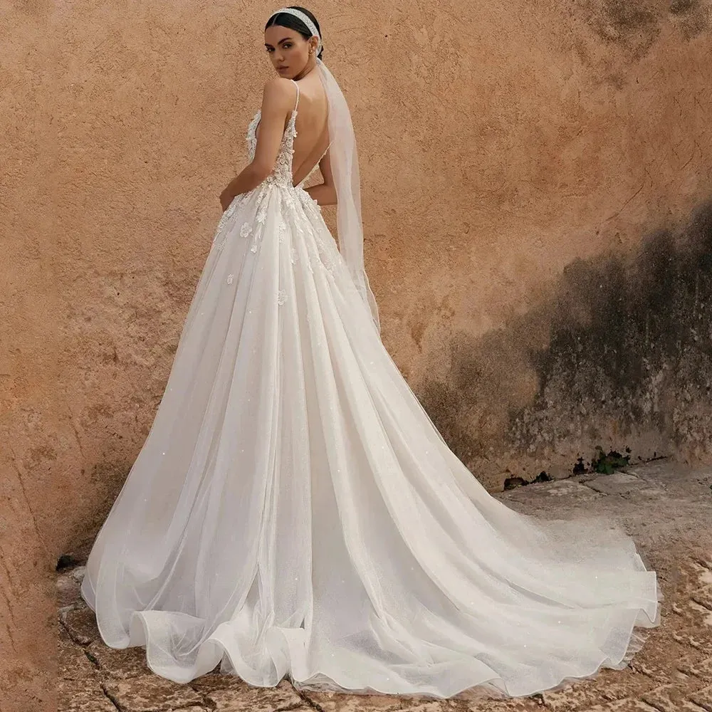 Spaghetti Straps Vestidos De Novia Sexy Deep V Neck Open Back A Line Lace Wedding Dresses Appliques Vestido De Noiva