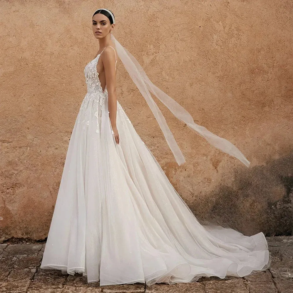 Spaghetti Straps Vestidos De Novia Sexy Deep V Neck Open Back A Line Lace Wedding Dresses Appliques Vestido De Noiva