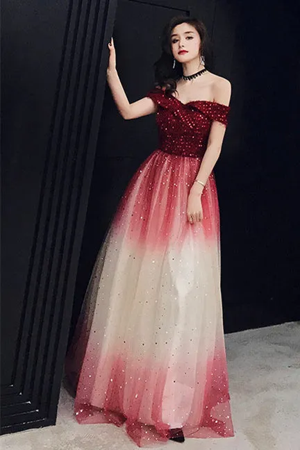 Sparkle Off the Shoulder Wine Red Long Party Dress