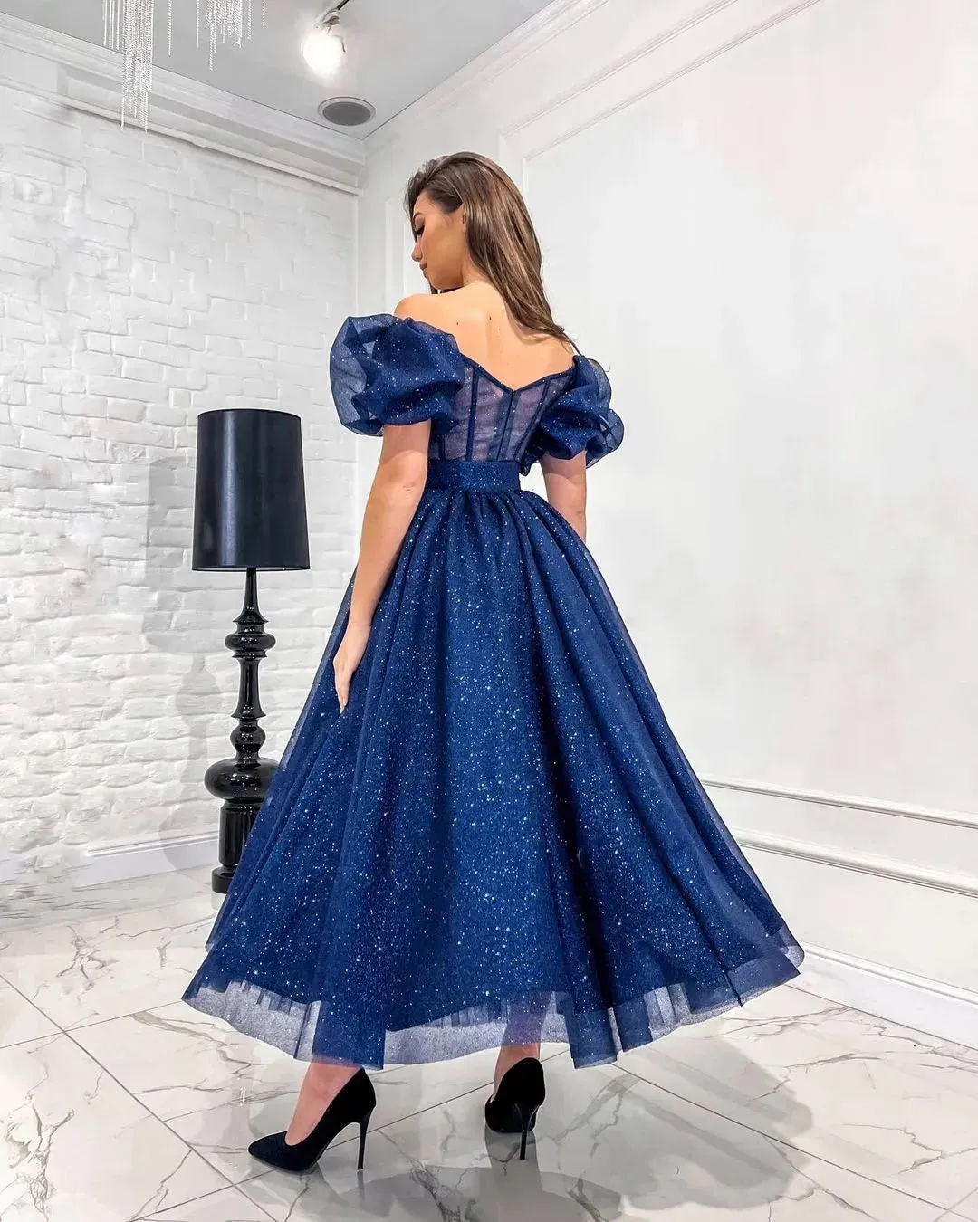 Sparkle Tulle Short Prom Dresses A Line Short Sleeves Women Evening Party Gowns Tea-Length Formal Wedding Gown