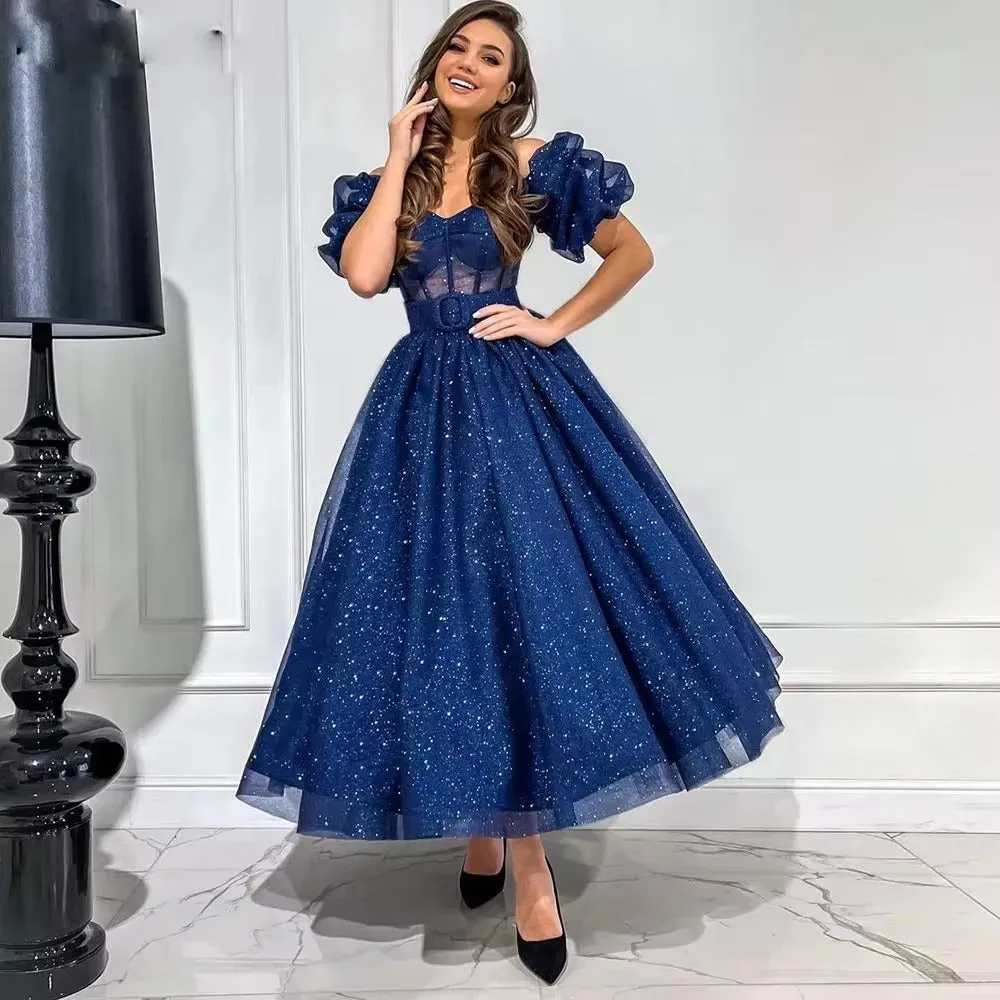 Sparkle Tulle Short Prom Dresses A Line Short Sleeves Women Evening Party Gowns Tea-Length Formal Wedding Gown