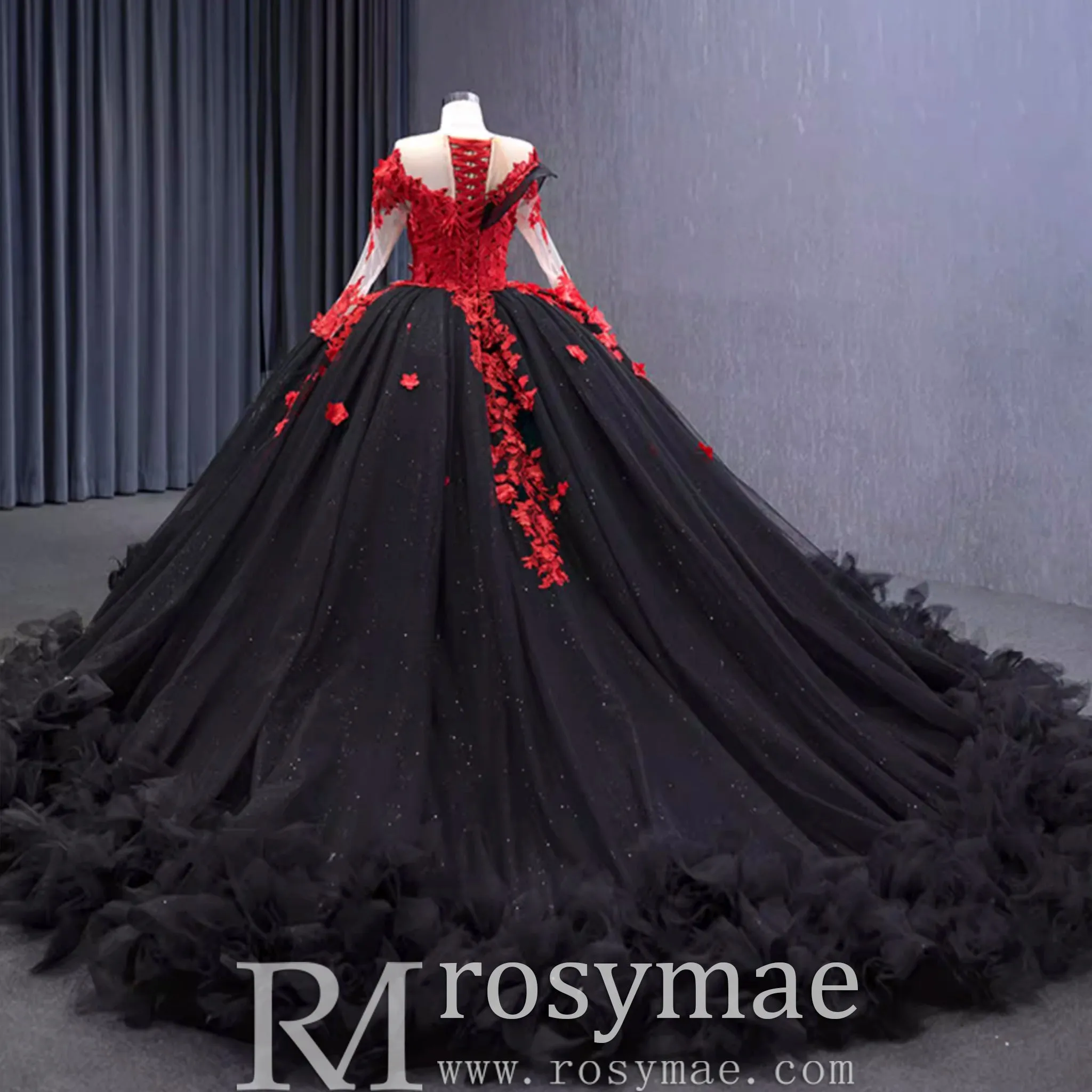 Sparkly Black Red Ball Gown Wedding Dress Lace Appliqued Quinceanera Gown