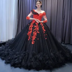Sparkly Black Red Ball Gown Wedding Dress Lace Appliqued Quinceanera Gown