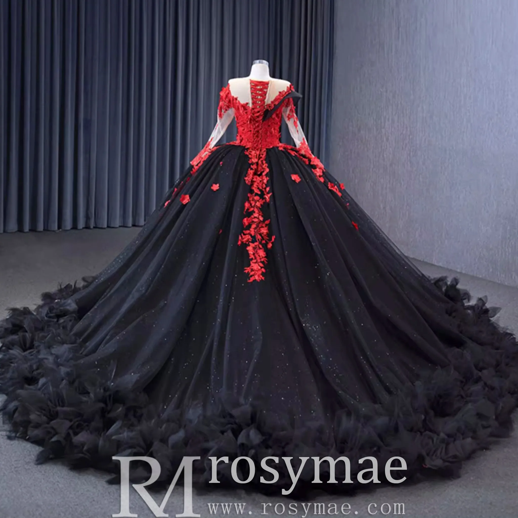 Sparkly Black Red Ball Gown Wedding Dress Lace Appliqued Quinceanera Gown