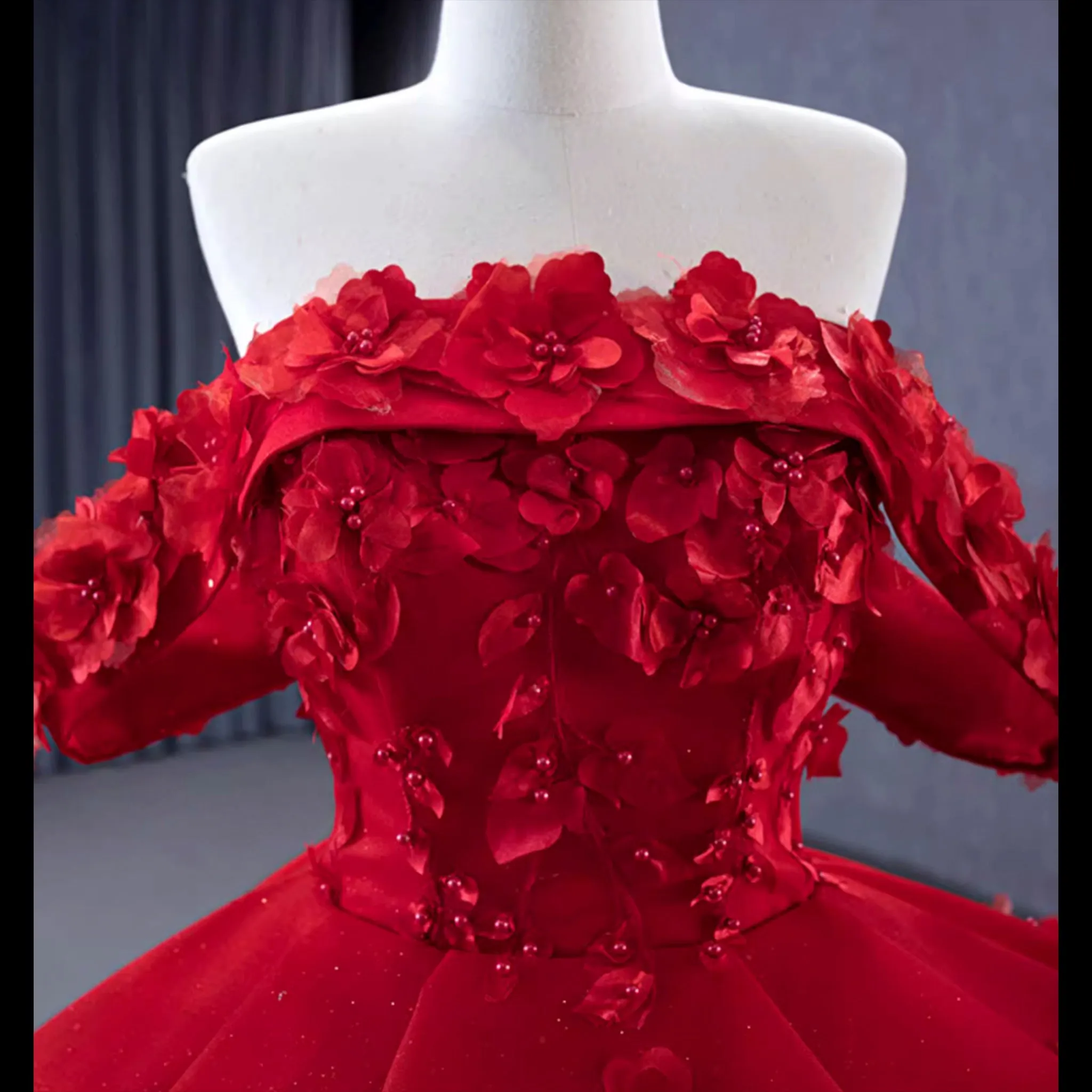 Sparkly Floral Ball Gown Wedding Dress Formal Gown with Off the Shoulder