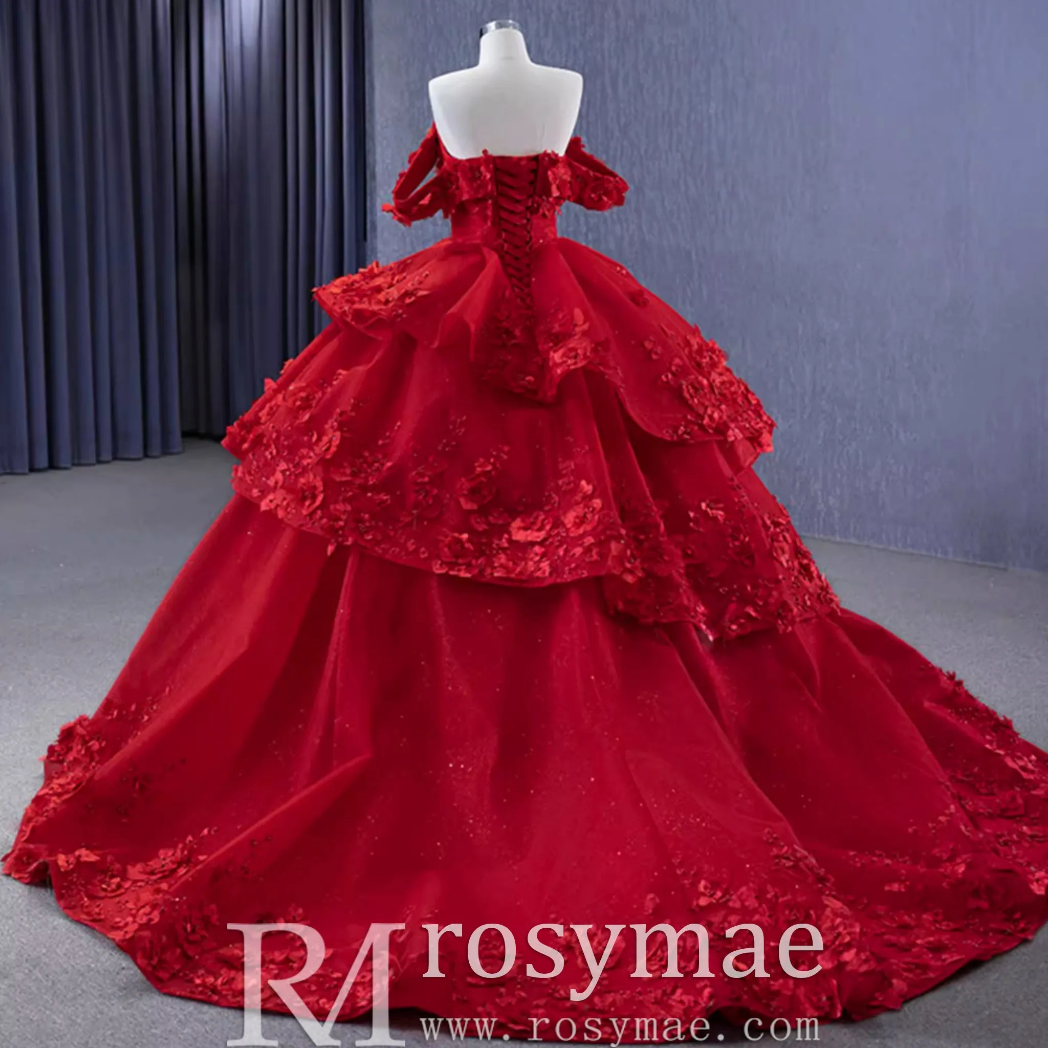 Sparkly Floral Ball Gown Wedding Dress Formal Gown with Off the Shoulder