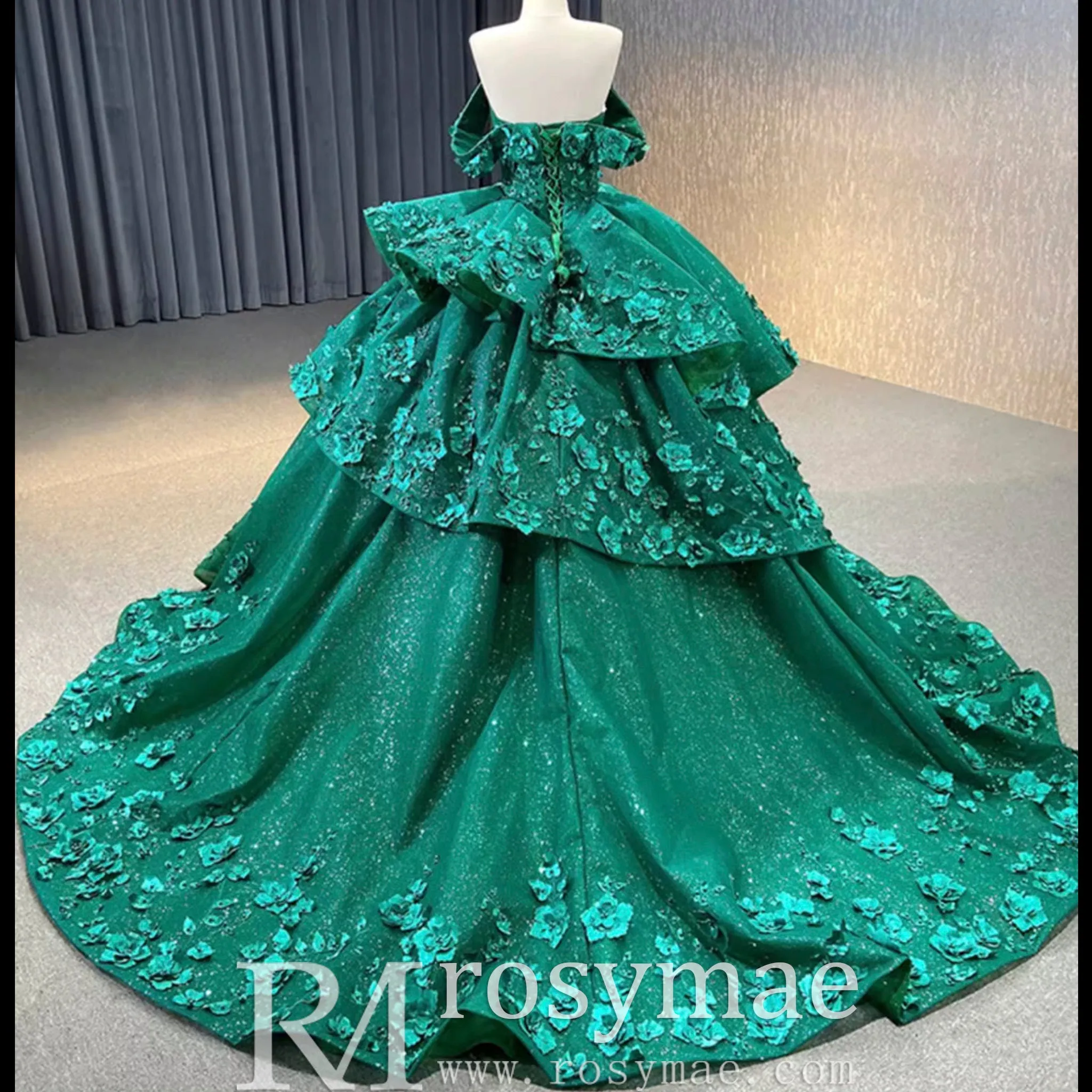 Sparkly Floral Ball Gown Wedding Dress Formal Gown with Off the Shoulder