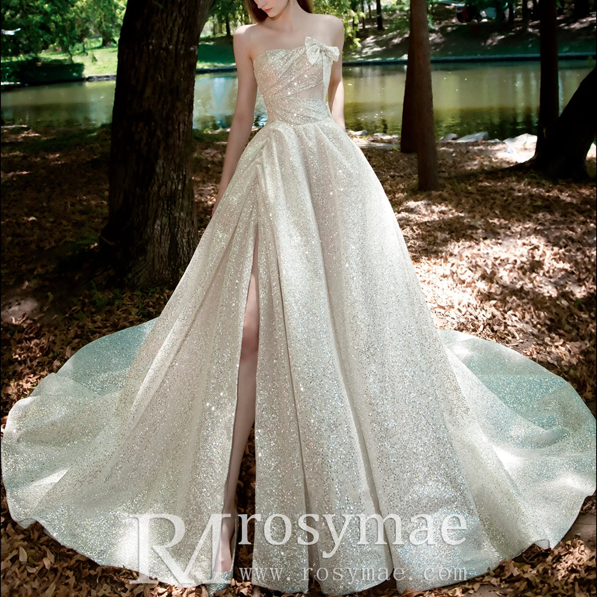 Sparkly Glitter Champagne Wedding Dresses with Leg Slit