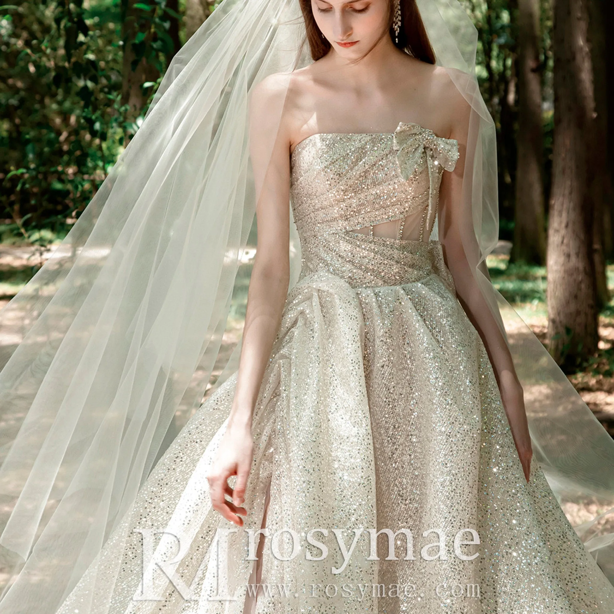 Sparkly Glitter Champagne Wedding Dresses with Leg Slit